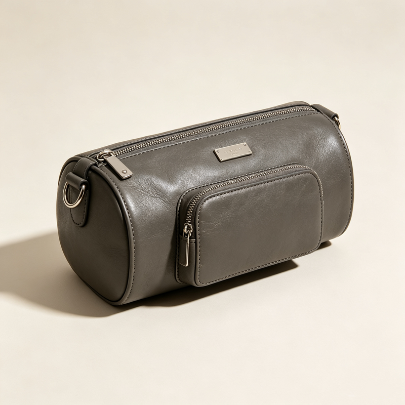 Medium Cylinder Charcoal Grey PU Leather Travel Wash Bag
