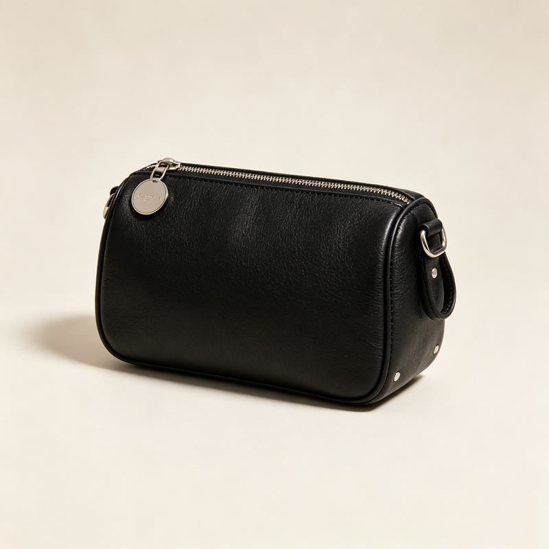 Mini Barrel Black PU Leather Cosmetic Crossbody Bag