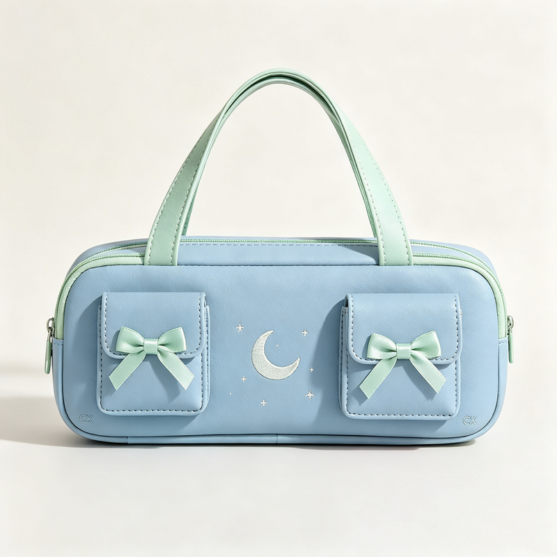 Bow & Moon Embroidery Kids Handheld Pencil Pouch