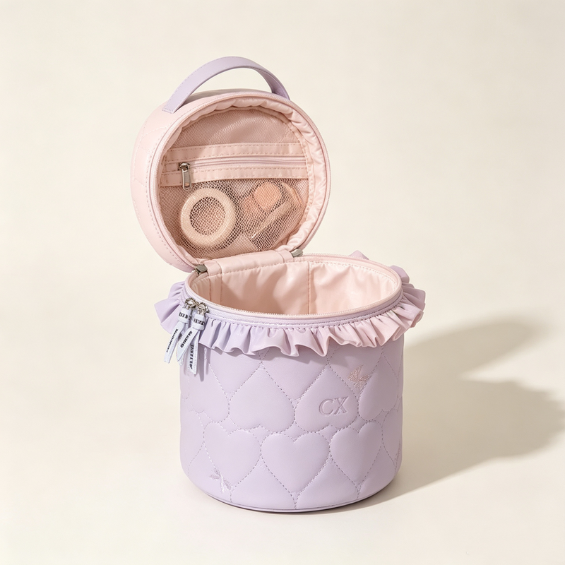 Cylinder Ruffle Lining Quilted Makeup Bucket Bag