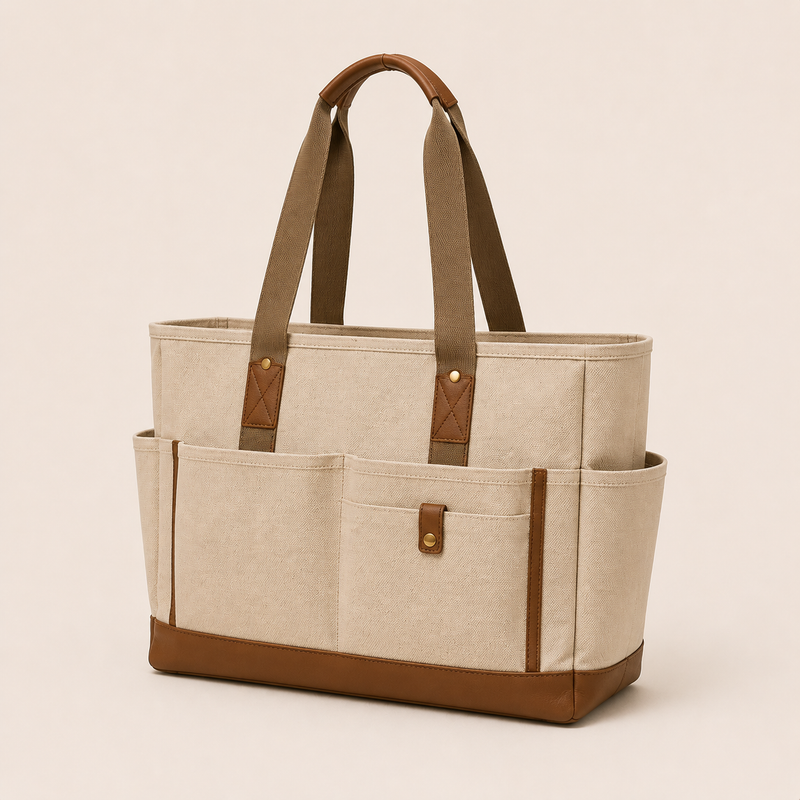 Multi Pocket Canvas Office Tote Bag with PU Trim
