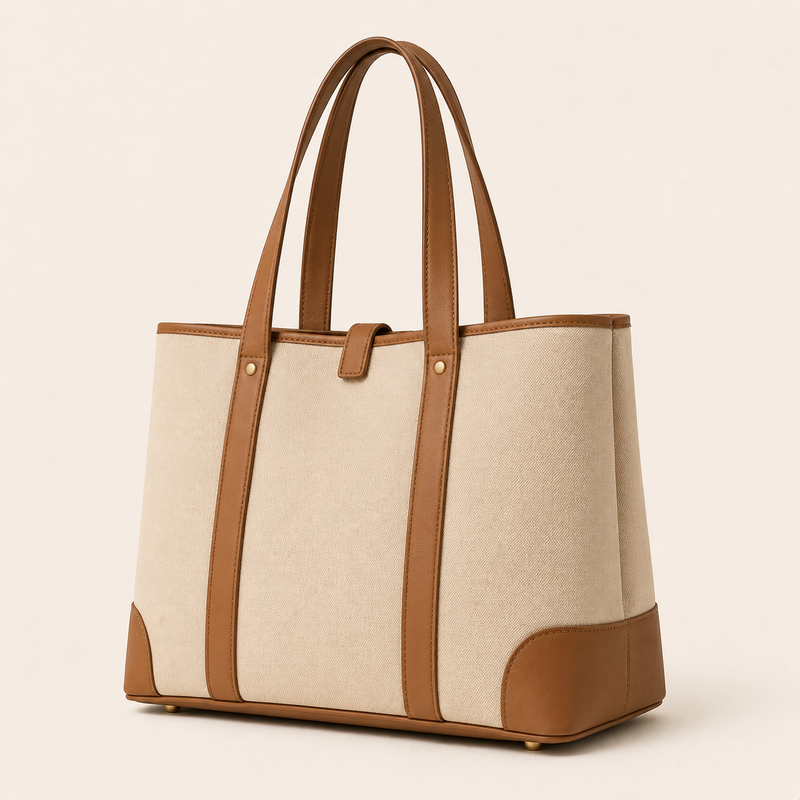 Two Tone Canvas Tote Bag with PU Bottom & Handles